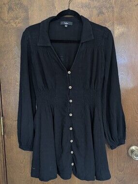 Lulu's Black Button-Front Smocked Waist Dress